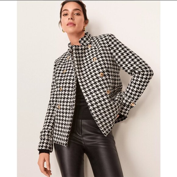 ANN TAYLOR Houndstooth Wool Blend Military Jacket Coat Black 